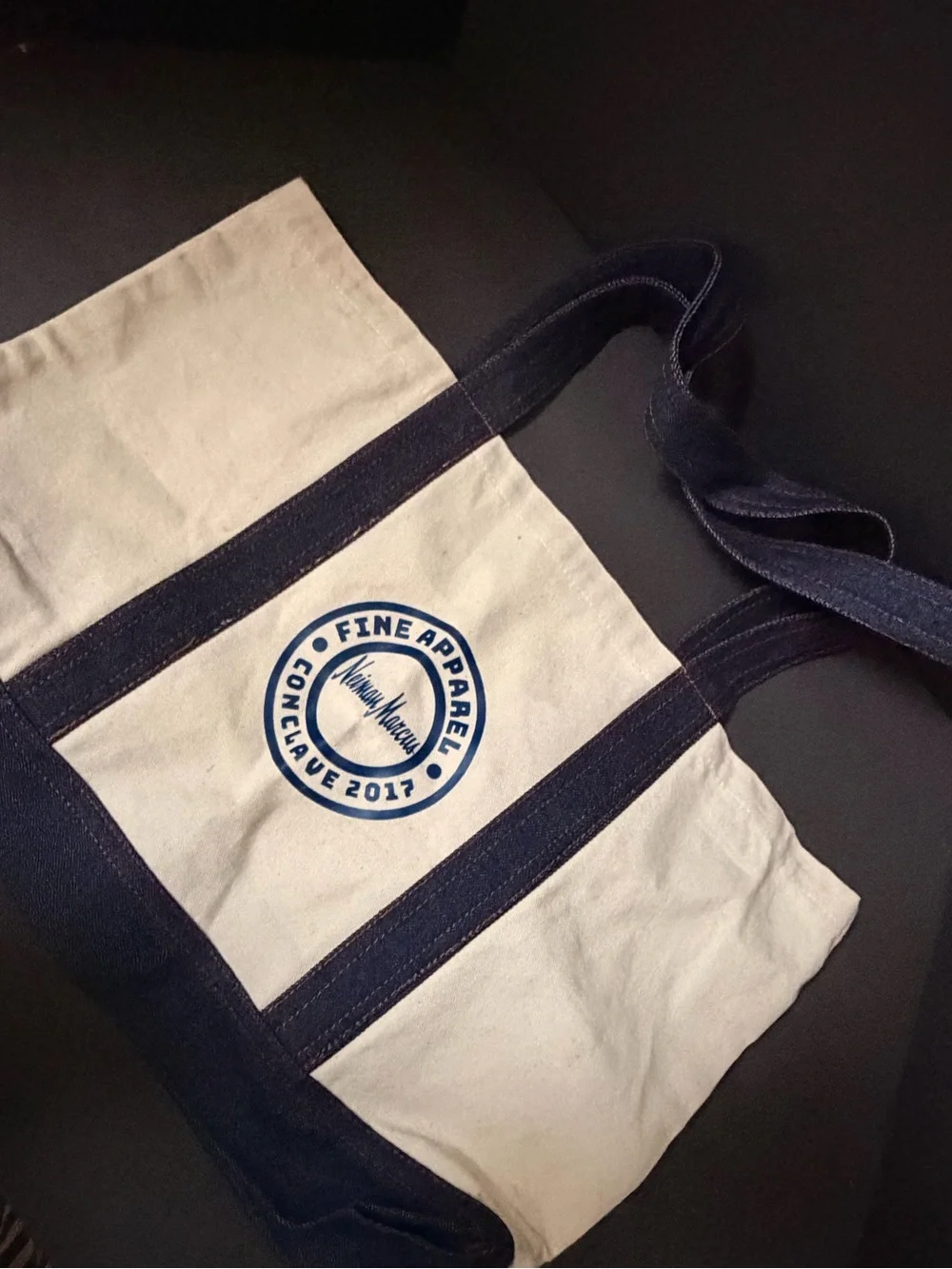 Neiman Marcus Men's Cream and Navy Canvas Messenger Tote